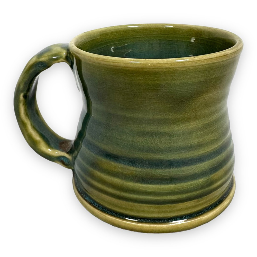 Pottery Coffee Cup Mug Multilayer Blue Yellow‎ Glaze Ribbed EA Signed Artist  3"